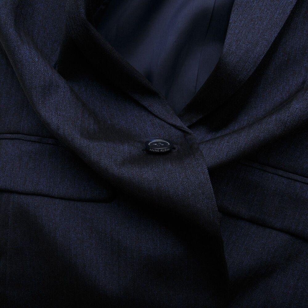 Anne Klein Size 10 Navy Blue Herringbone Twill One Button Blazer Notch Collar - Picture 8 of 12